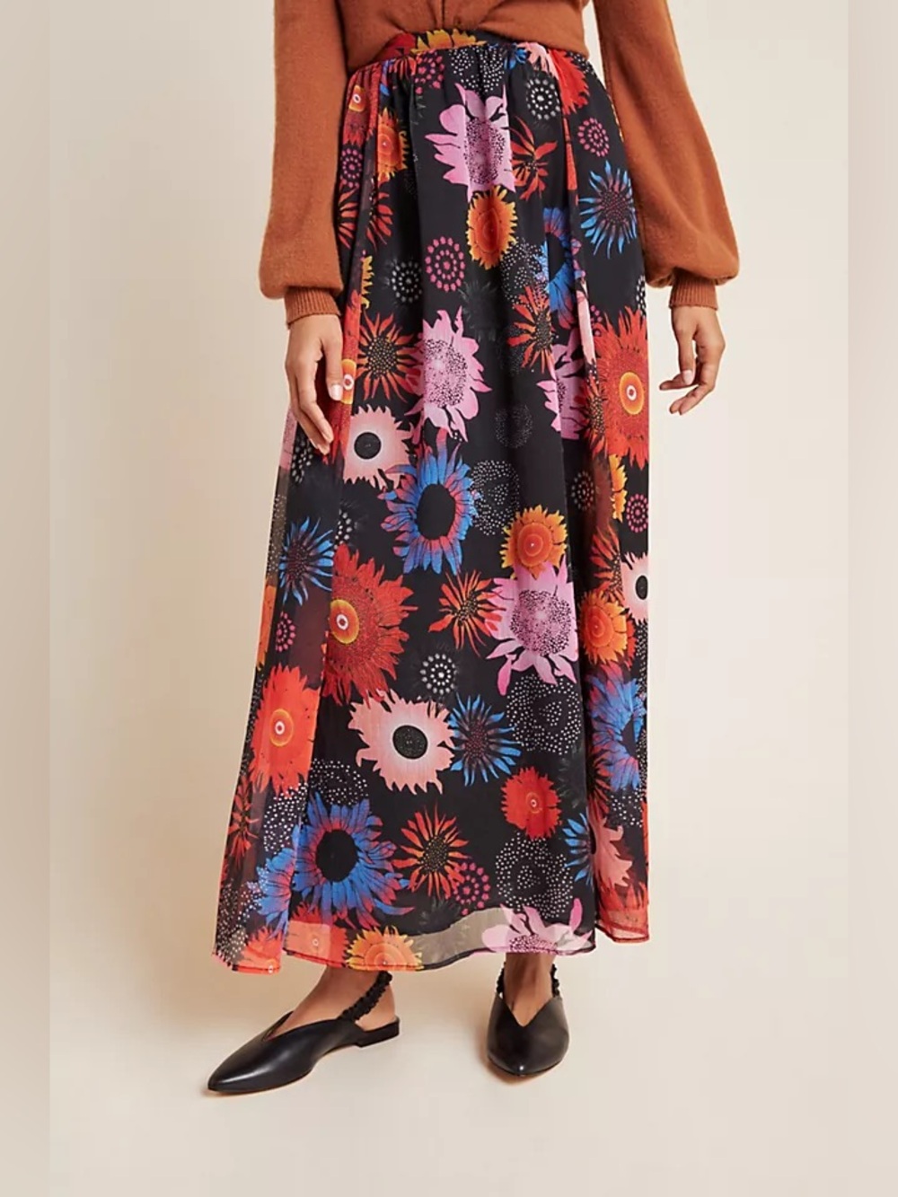 Anthropologie long floral sheer layered maxi skirt size Large